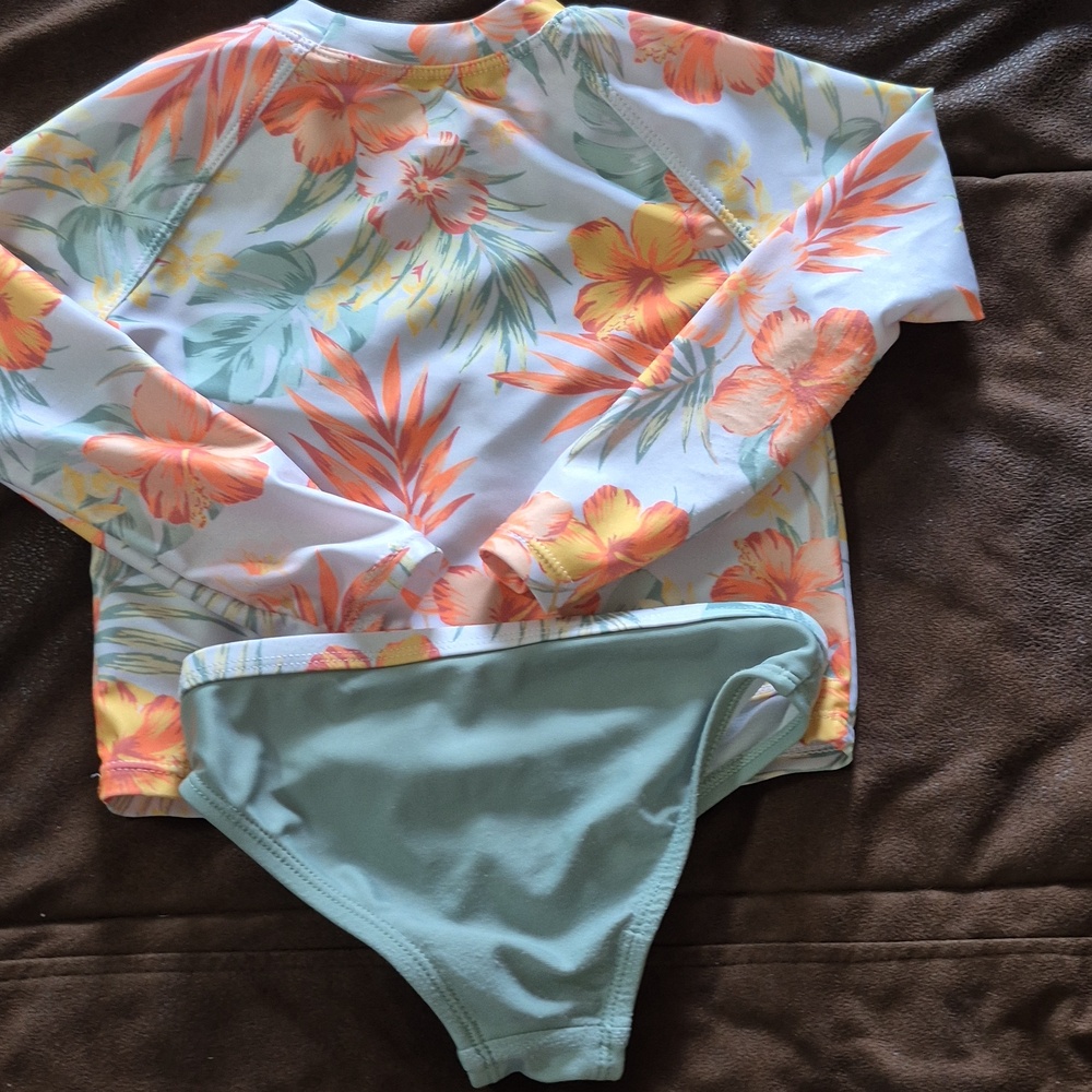 Nicole Miller Pink Strawberry Zip One-Piece with Aqua Floral Rash Guard Set, 2pc - Picture 8 of 10